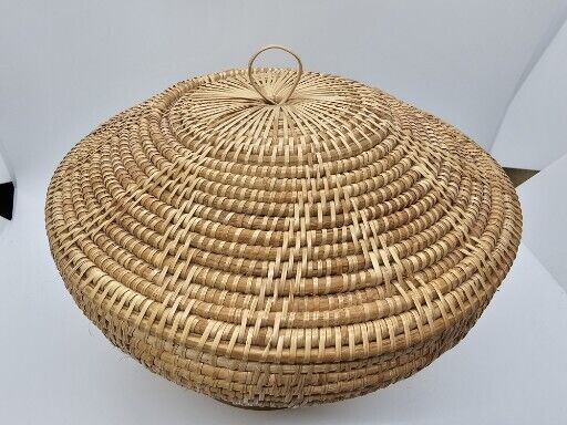 Native American? Hand Woven Lidded Coil Basket Great Quality 6" Tall X 8" Wide