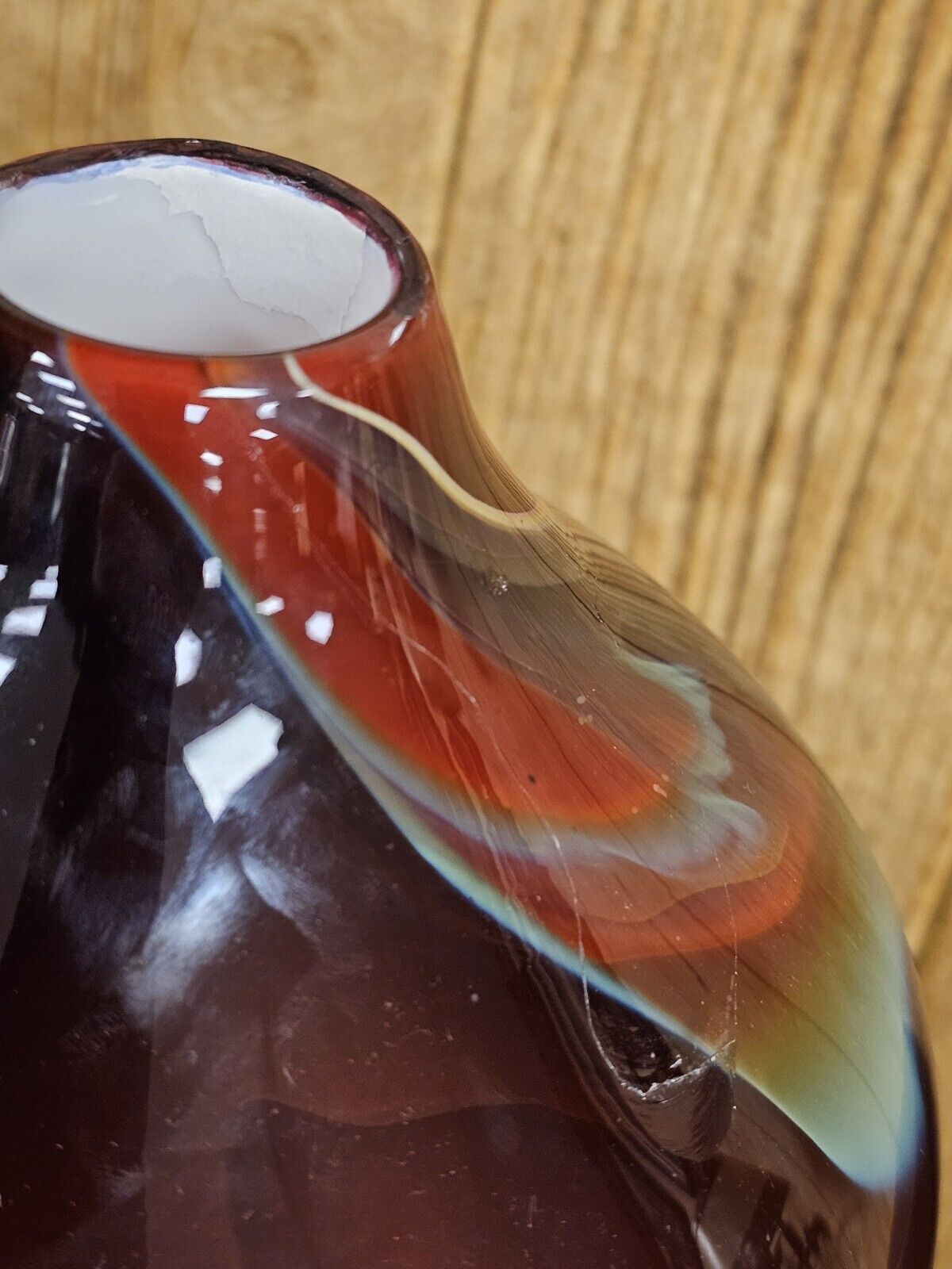 Michael Mortara Hand Blown Volcano Glass Vase 13.5" Tall Damaged On Top