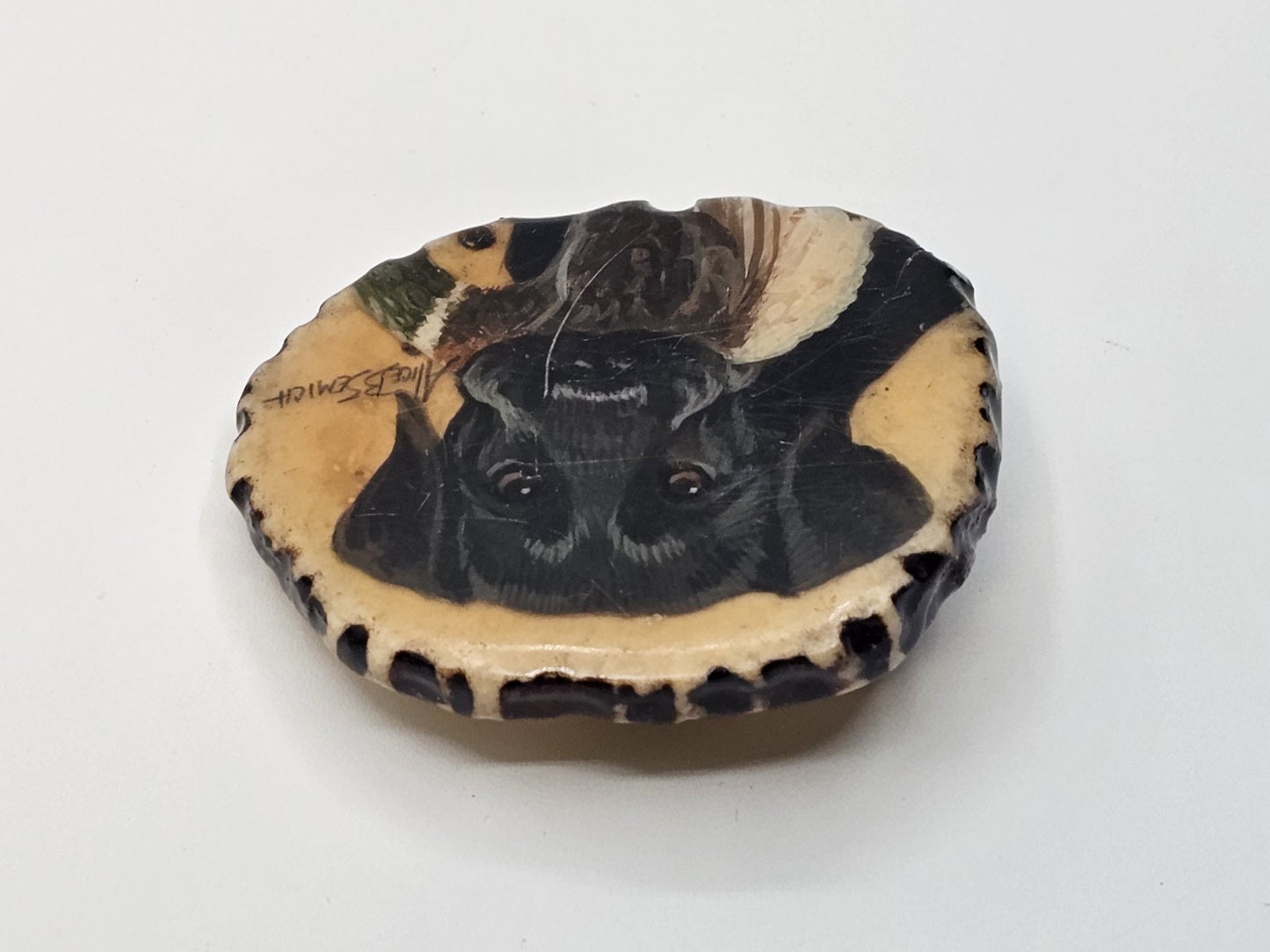 Vtg Alice Semich Elk Antler Belt Buckle W  Hand Painted Black Lab Holding A Duck