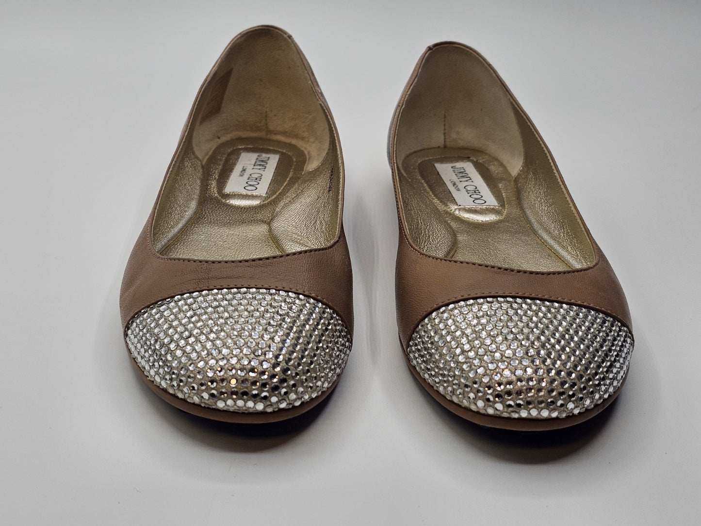 Jimmy Choo Flats Ballet Tan Cream Leather Ballerina Shoes Size 36 Used Sparkle