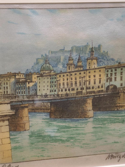 Original Signed European Etching on Silk of Salzburg by Ludwig Burgel