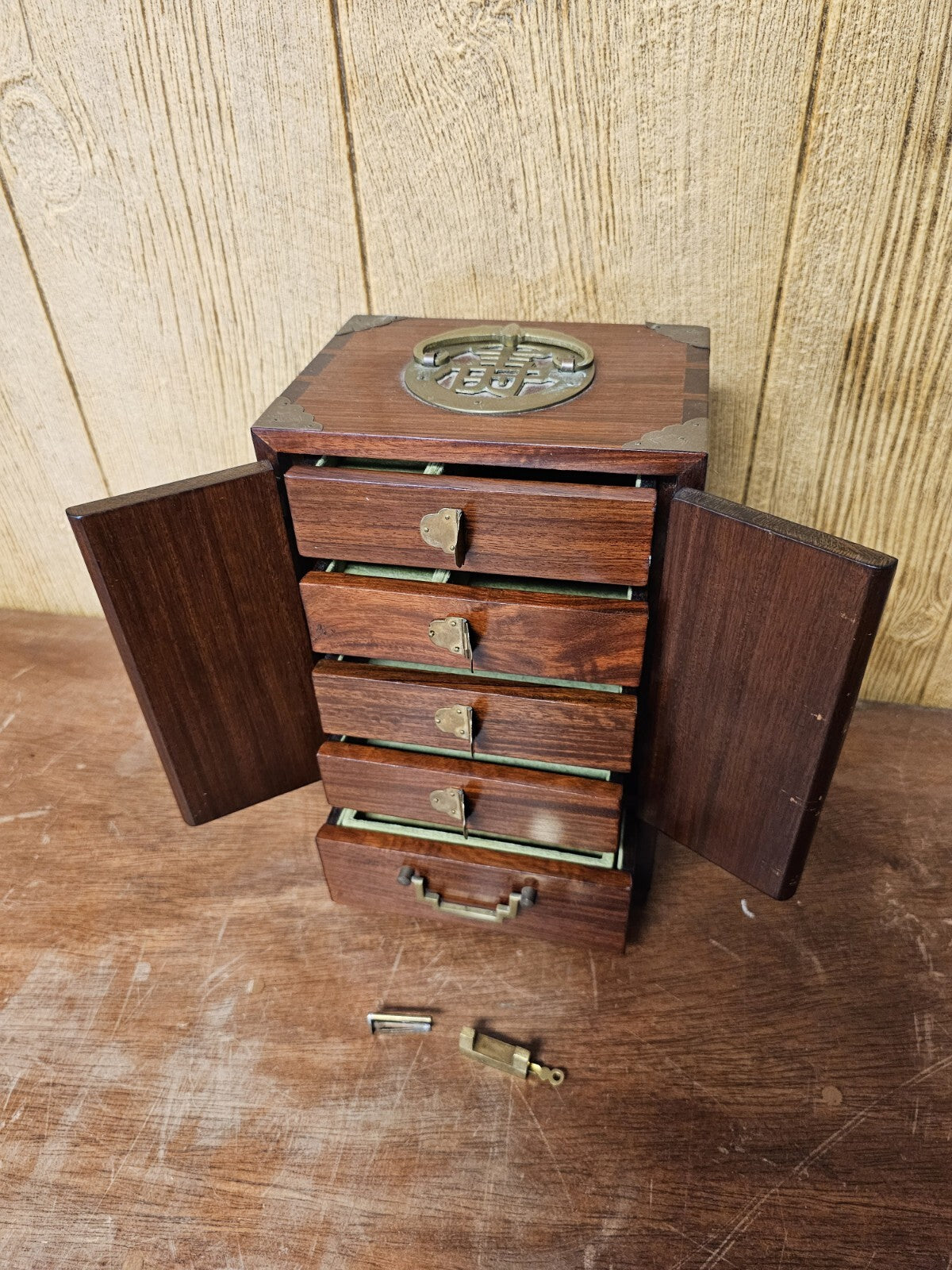 Vtg Chinese Real Wood 5 Drawer Jewelry Box With Brass Pulls & Lock 12 " Tall