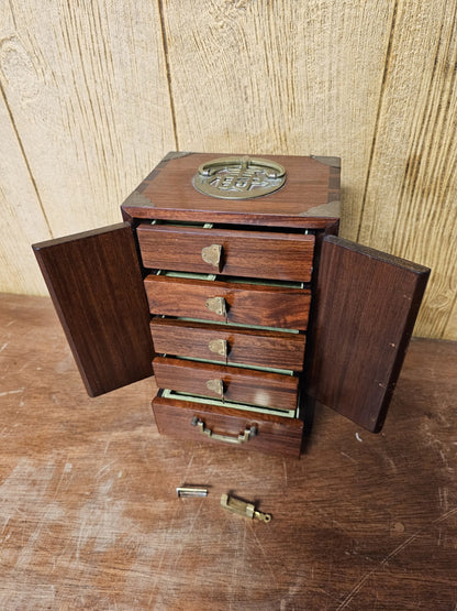 Vtg Chinese Real Wood 5 Drawer Jewelry Box With Brass Pulls & Lock 12 " Tall