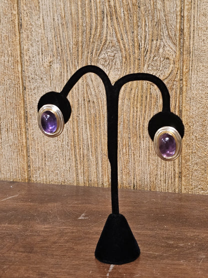 Vtg 14K Yellow Gold Oval Amethyst Cabochon Earrings 7 Grams 1 In Long