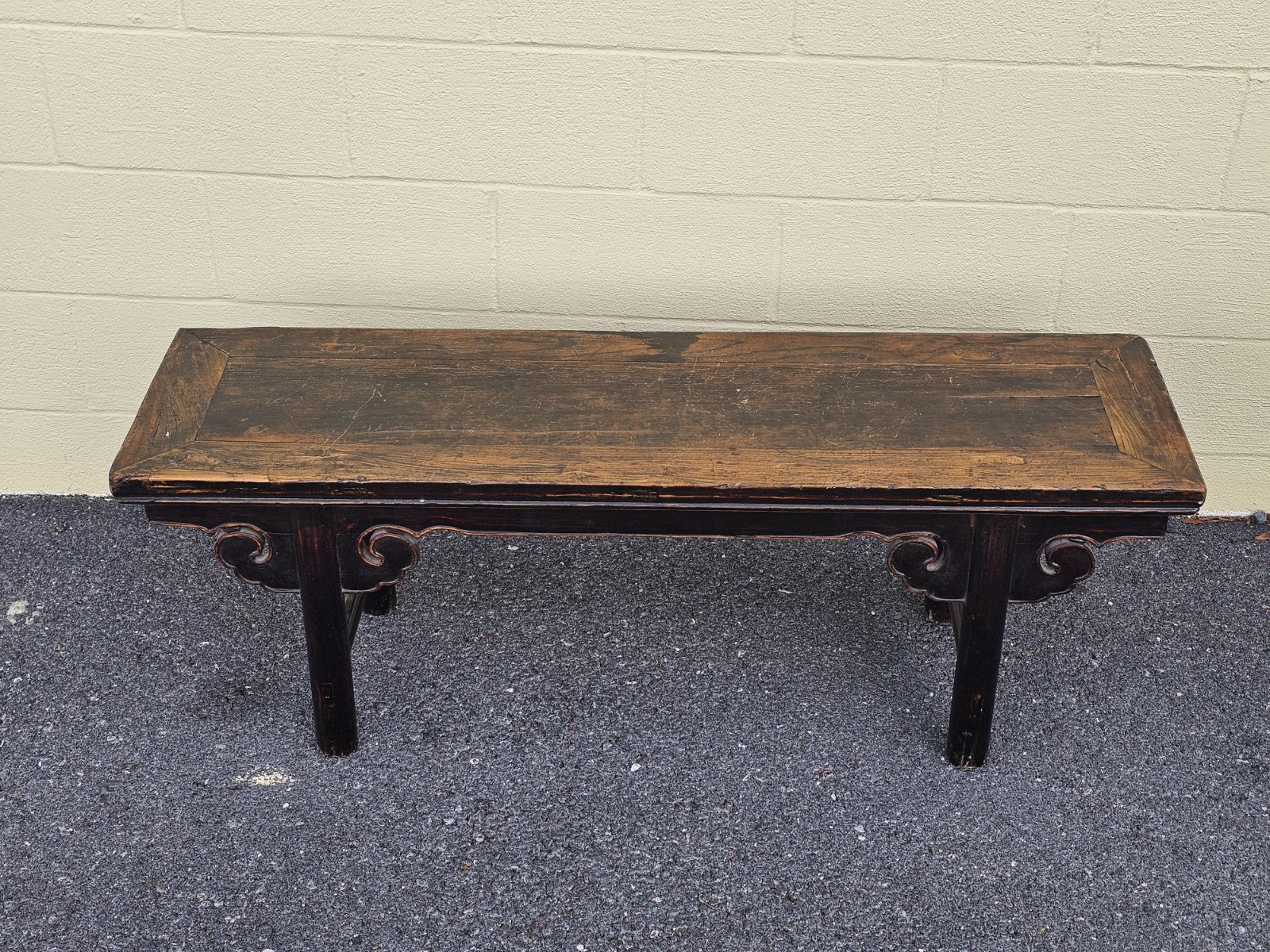 19th Century Antique Chinese Elm Wood Carved Short Table Bench Tongue & Groove