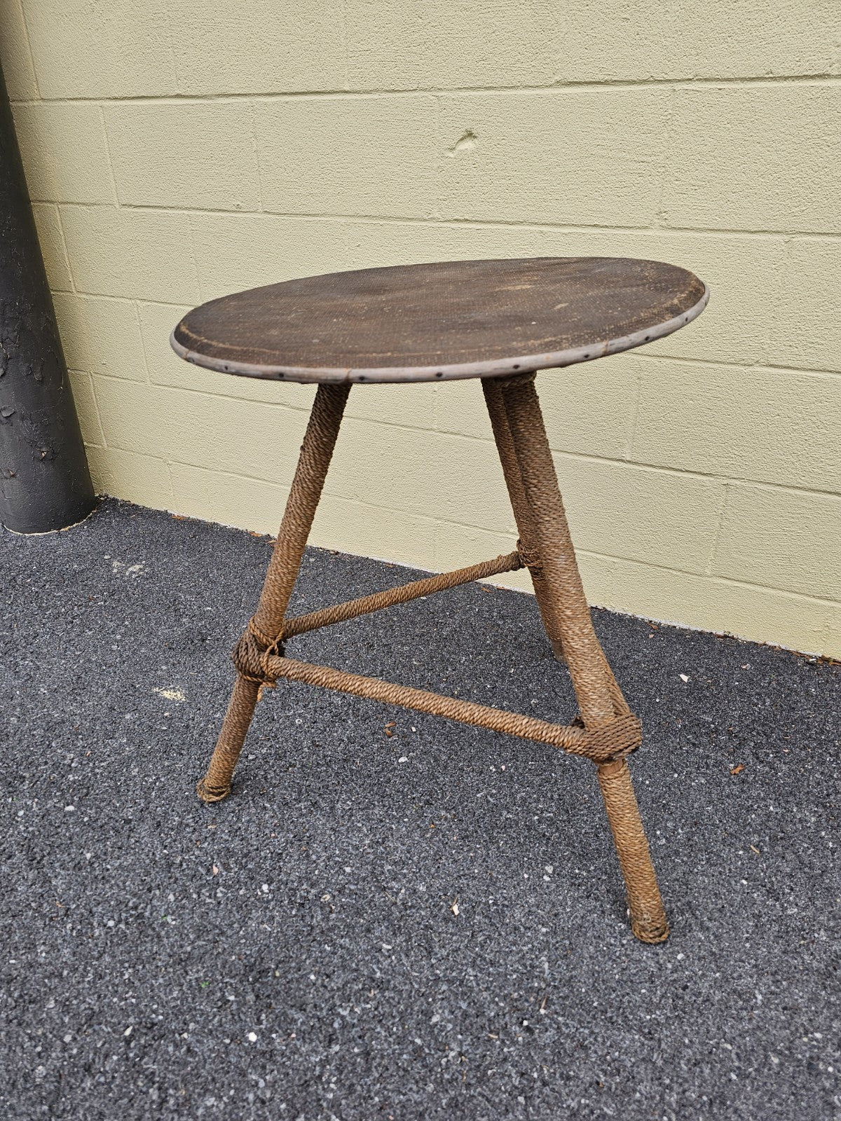 MCM Nautical Theme Side Table W Woven Rattan Top & Woven Rope Tripod Legs