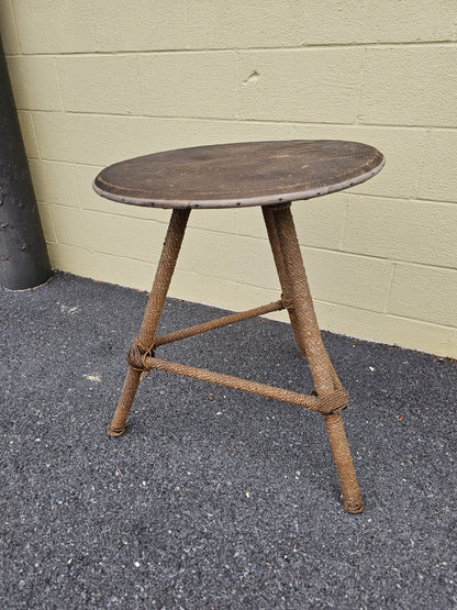 MCM Nautical Theme Side Table W Woven Rattan Top & Woven Rope Tripod Legs