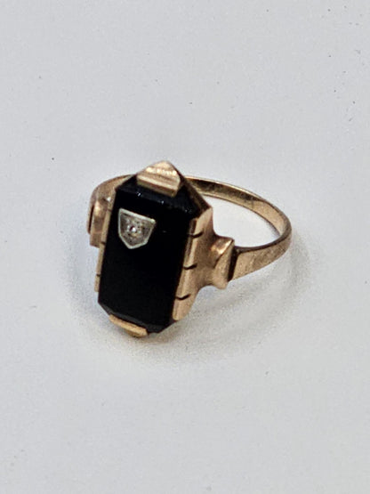 Vtg 10K Yellow Gold Black Onyx Diamond? Clear Stone Ring Size 8 Hallmarked 2.7 G