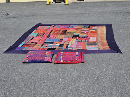 Vtg Tribal Indian Patchwork Quilt & Pillow Set Hand Stitched 99in X 96in 