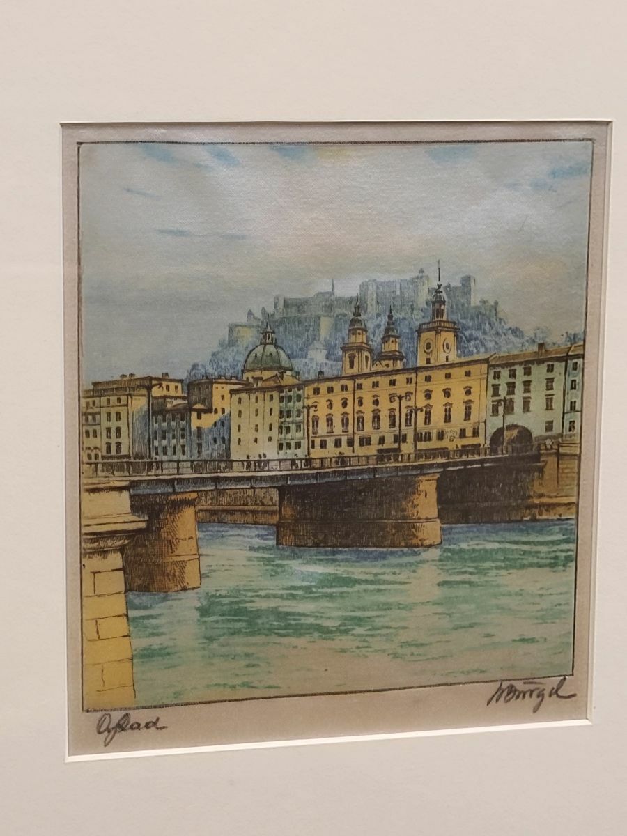 Original Signed European Etching on Silk of Salzburg by Ludwig Burgel