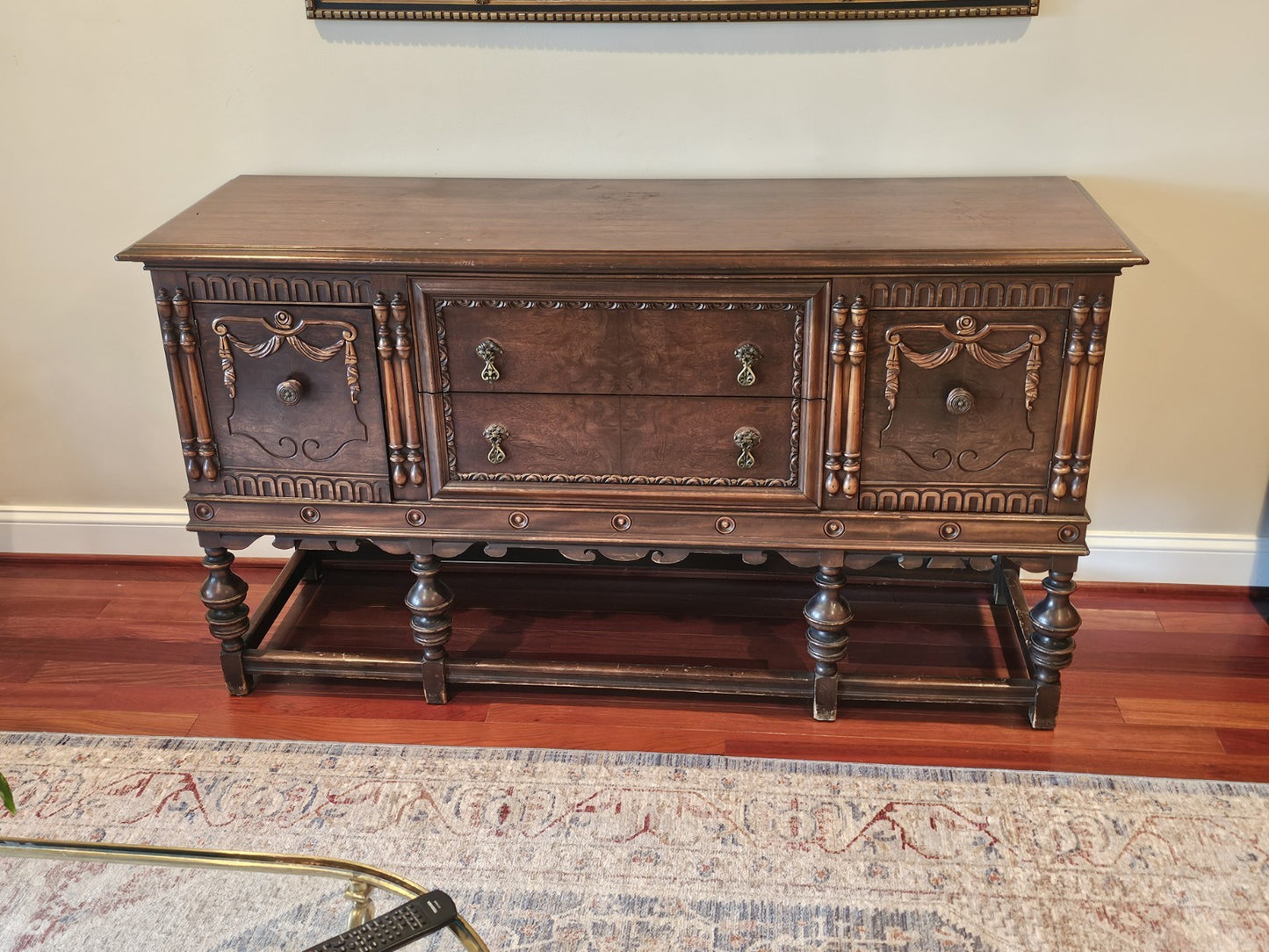 Antique Jacobean Walnut Sideboard Ornately Carved Buffet Server W Brass Hardware