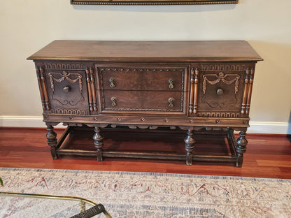 Antique Jacobean Walnut Sideboard Ornately Carved Buffet Server W Brass Hardware