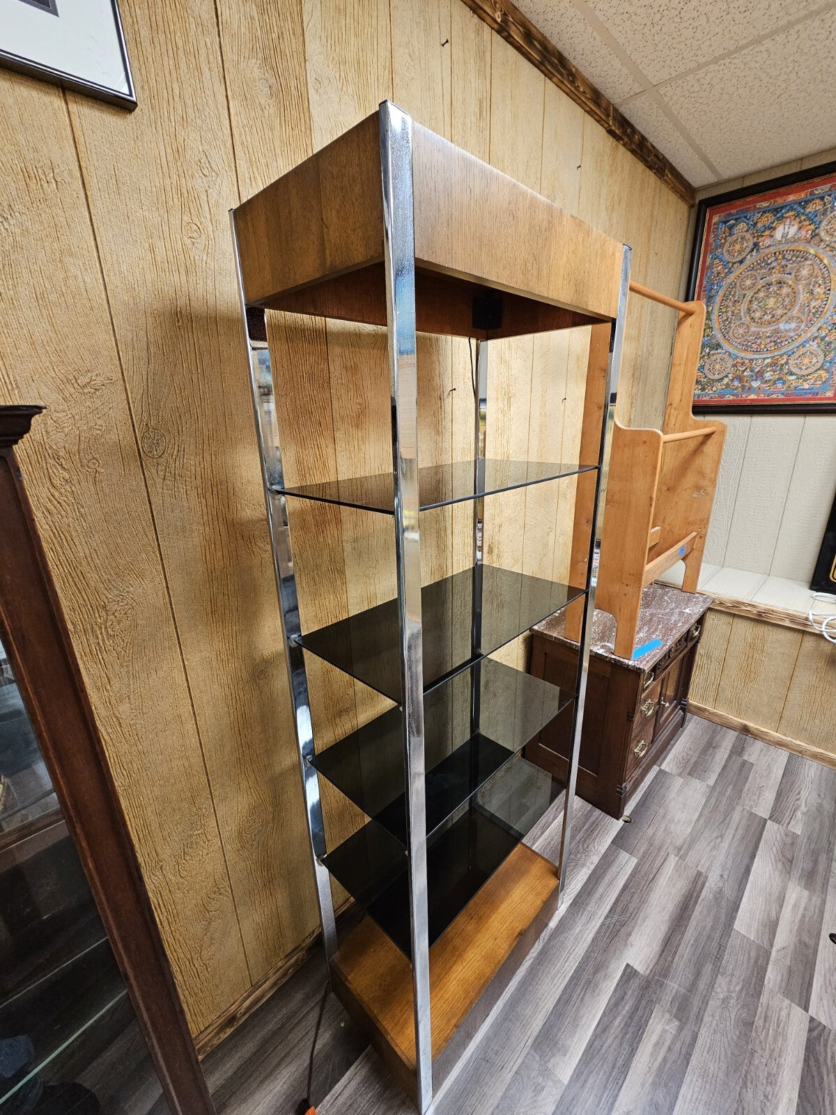 Vtg MCM Chrome & Walnut Post Modern Bookshelf Etagere W Smoky Glass Shelves