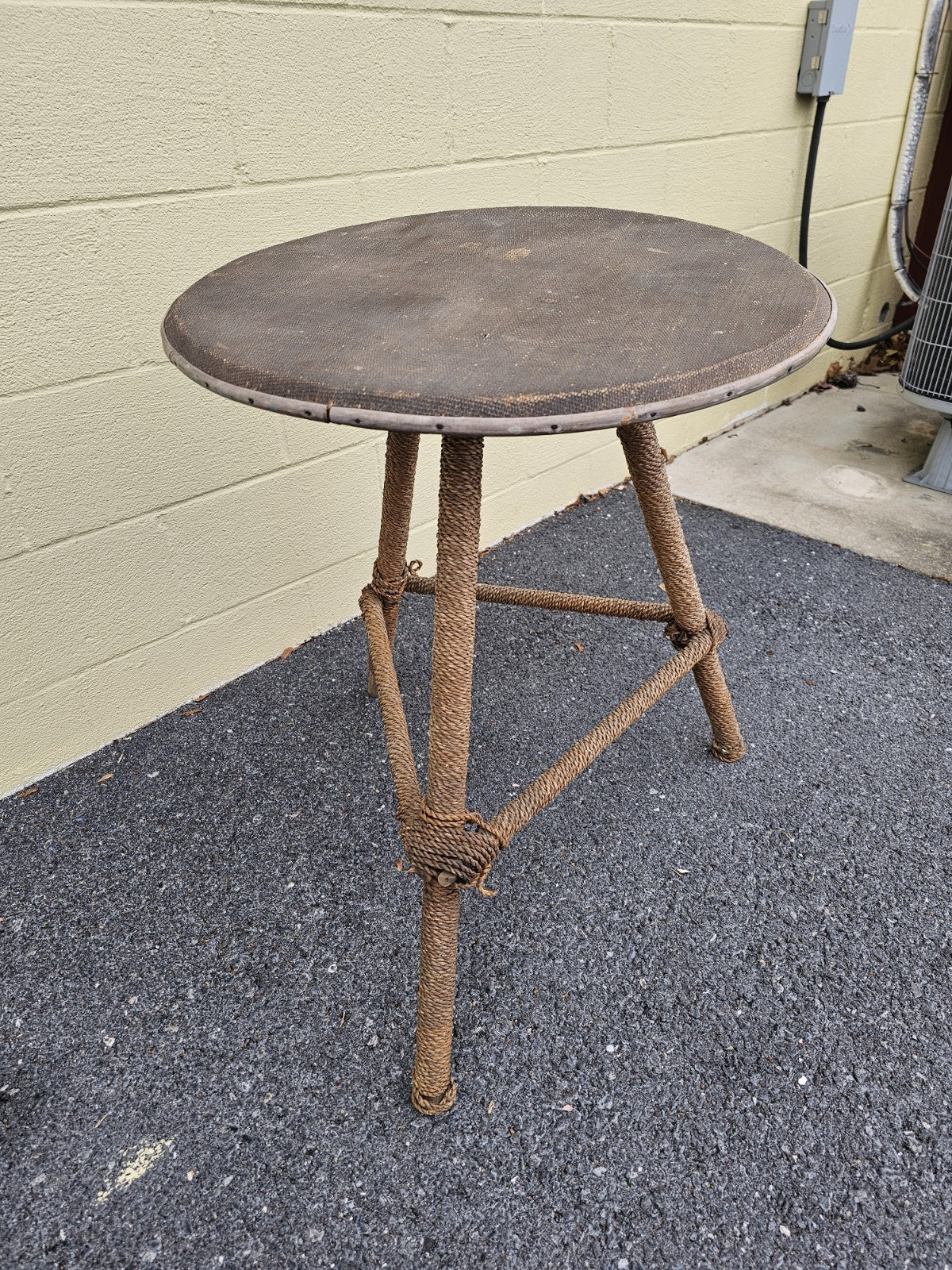 MCM Nautical Theme Side Table W Woven Rattan Top & Woven Rope Tripod Legs