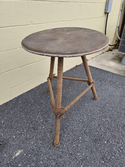 MCM Nautical Theme Side Table W Woven Rattan Top & Woven Rope Tripod Legs