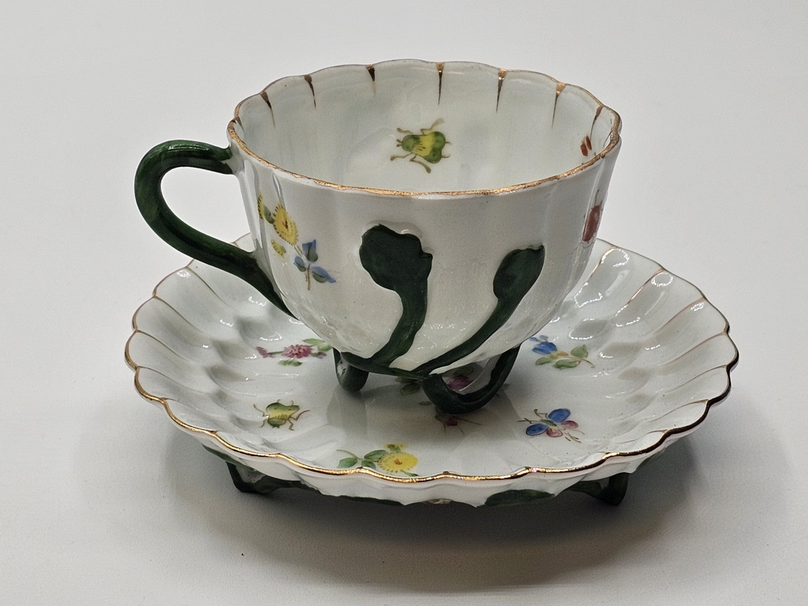 Lefton Porcelain Tea Cup & Saucer Hand Painted Footed Scalloped Edges 
