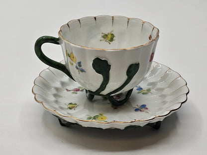Lefton Porcelain Tea Cup & Saucer Hand Painted Footed Scalloped Edges 