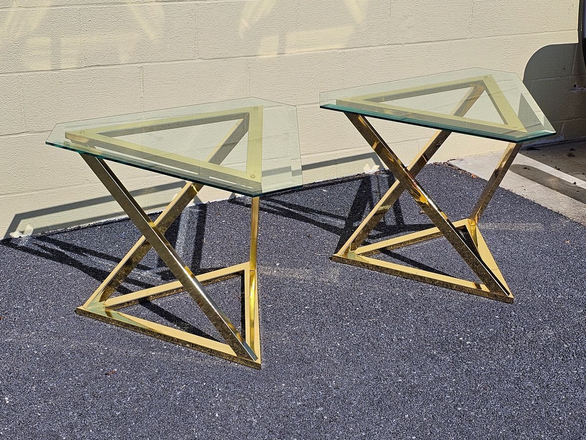 MCM Abstract Triangular Brass Base w Glass Top Accent End Tables