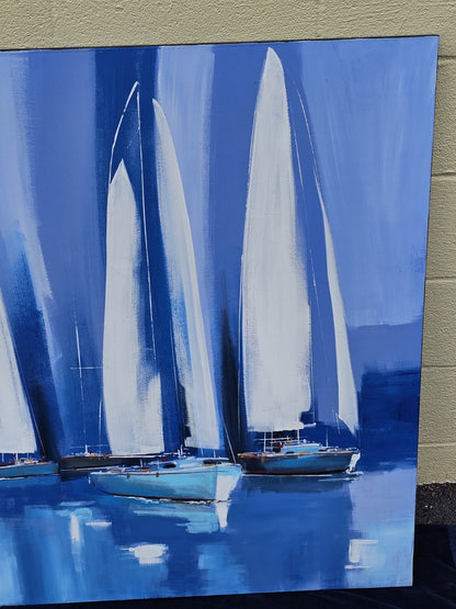 Original Beach Theme Oil On Canvas "Sailing" Sailboats By Cavelia Blue & White