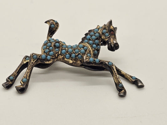 Vtg 835 Silver Running Horse Brooch W Turquoise & Red Stone For Eye 7.3 G 1 5/8"