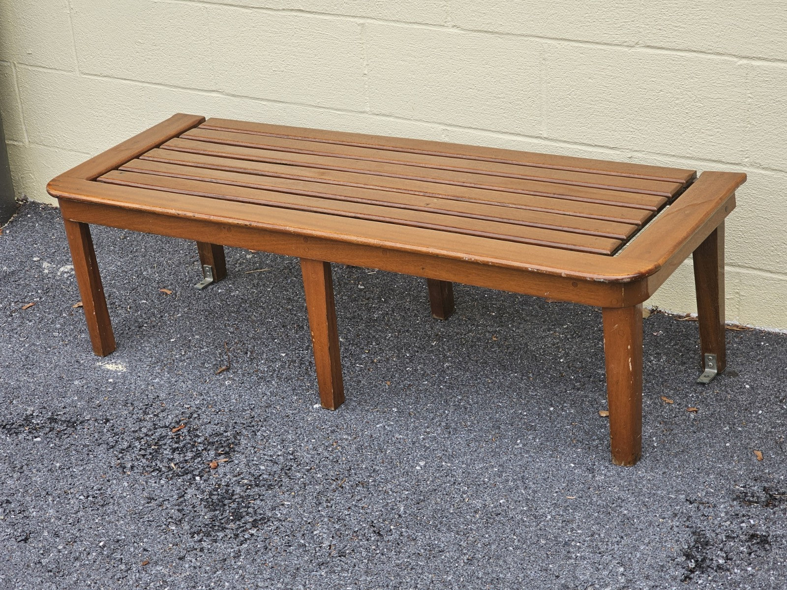 Mid Century Modern Teak Slat Boat Bench Vintage Wood Coffee Conversation Table 