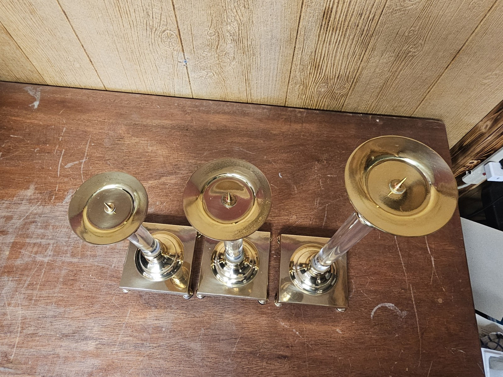 Vtg MCM Brass & Lucite Candle Holders Set Of Three 18.5 T X 16 T X 13.5 T 