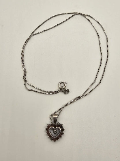 Vtg 925 Sterling Silver Necklace W Garnet Heart Pendant On 19 Inch Box Chain