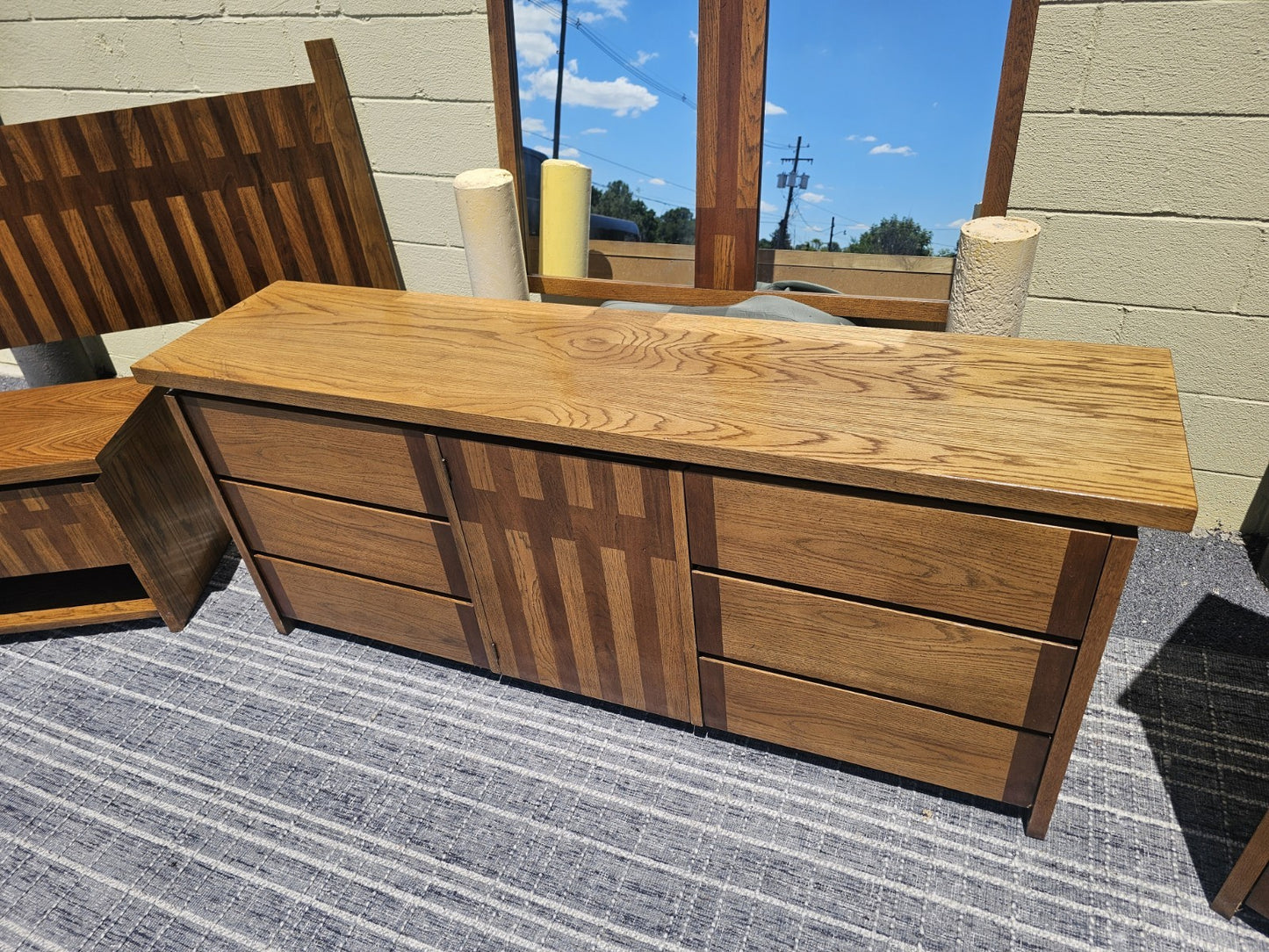 Mid Century Retro Post Modern Lane Oak Bedroom Set W Geometric Design 