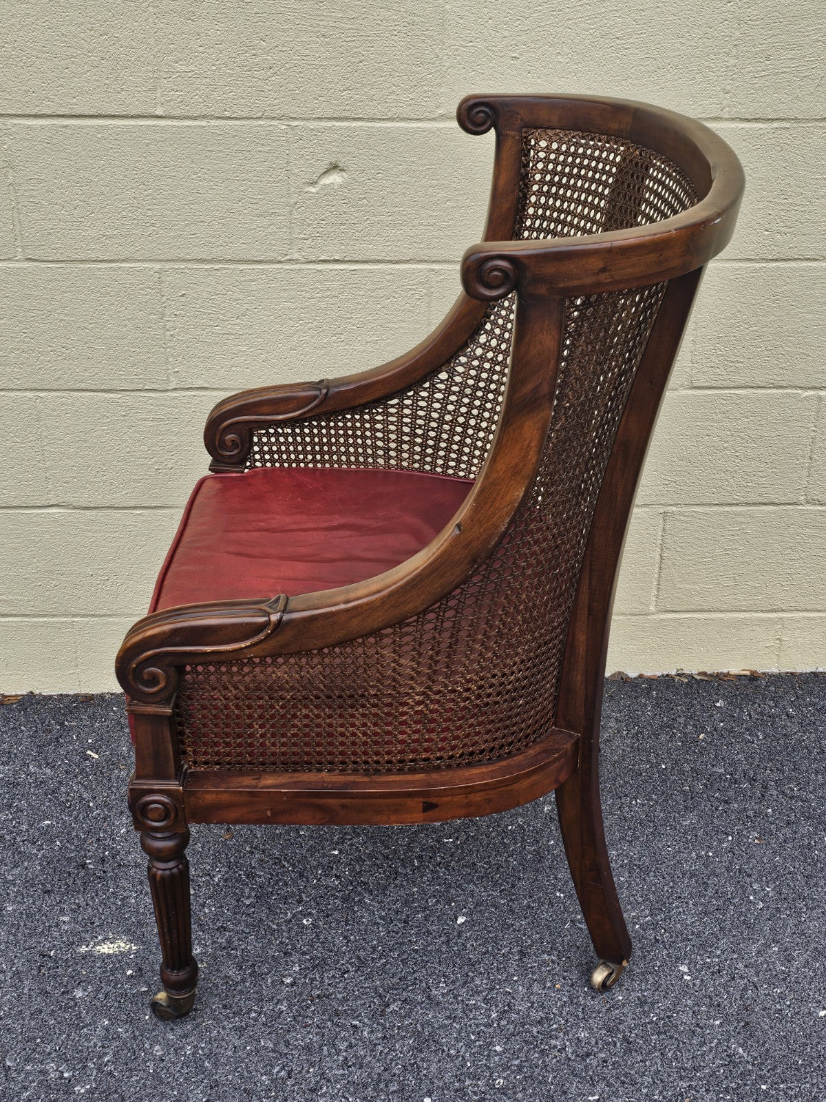 Vtg Regency Style Bergere Cane & Leather Armchair W Original Brass Casters 