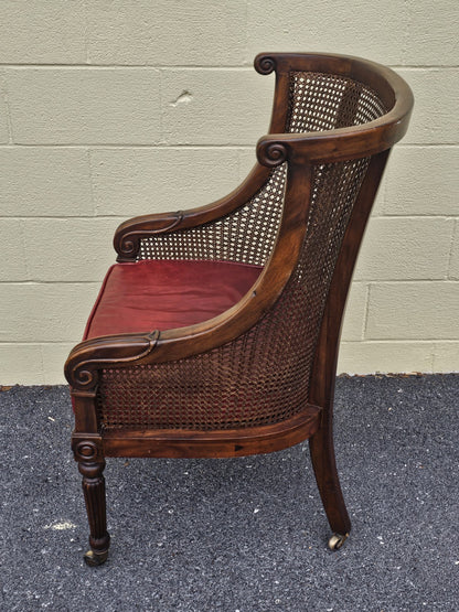 Vtg Regency Style Bergere Cane & Leather Armchair W Original Brass Casters 
