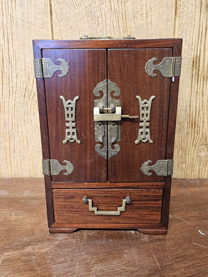 Vtg Chinese Real Wood 5 Drawer Jewelry Box With Brass Pulls & Lock 12 " Tall