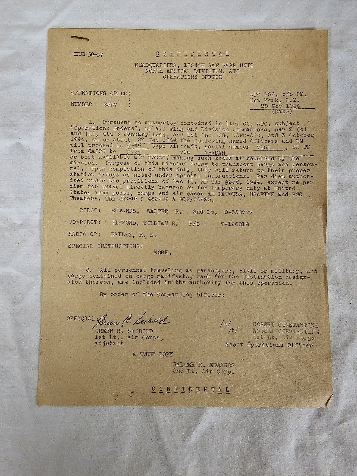 WW2 US Army Air Corps Pilot Official Flight Order Transporting C-46 Aircraft