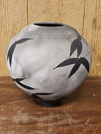 A Jeffrey Zigulis Raku Vase Signed With Bamboo Leaves 11" X 11" X 11"