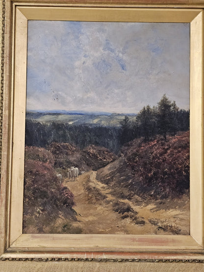 Antique 19th Century Oil On Canvas 3D Painting Original Frame Mountsin Top Scene