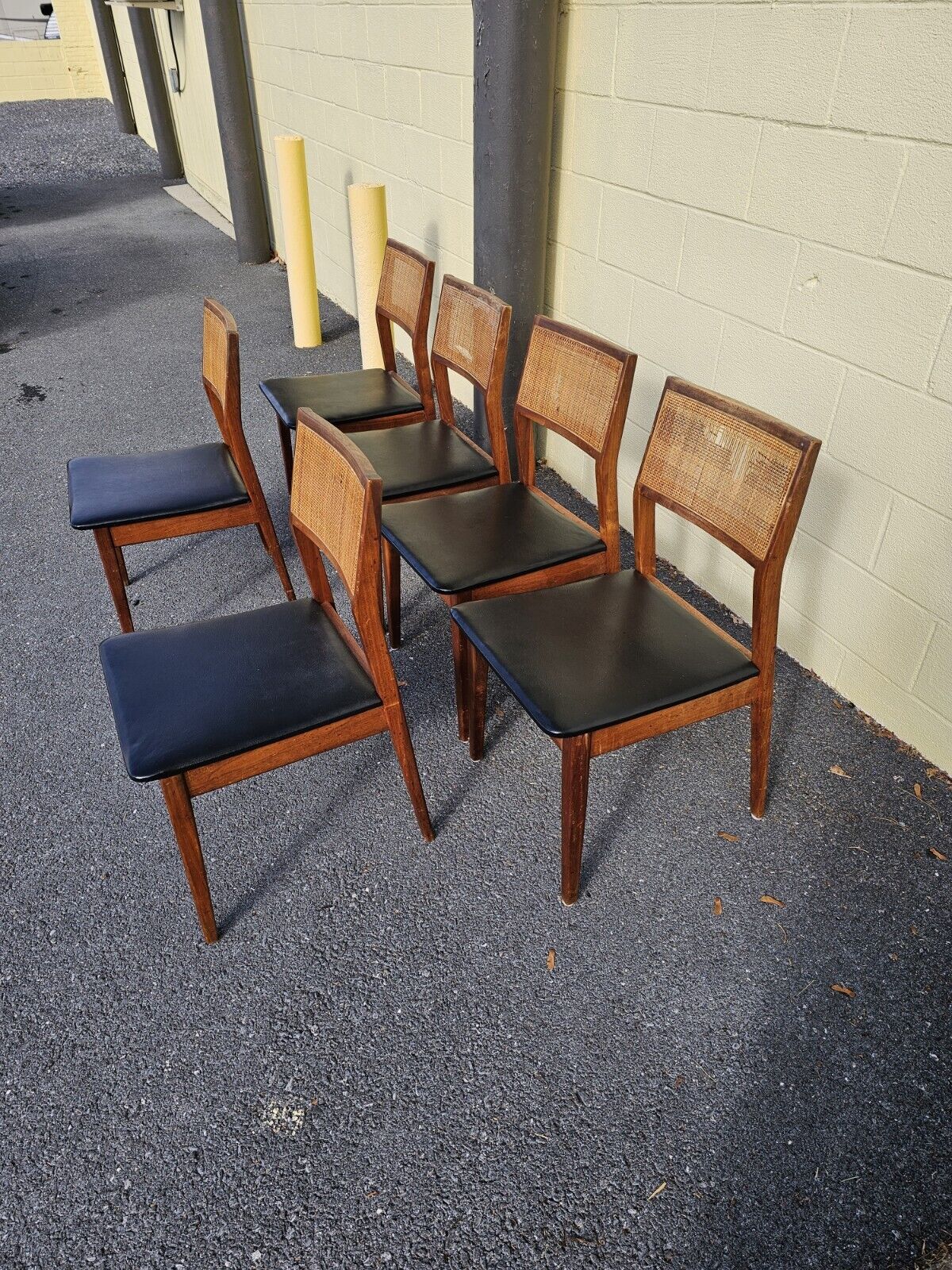 Mid Century Walnut Cane Back Dining Chairs Set Of 6 Jack Cartwright? Needs Work