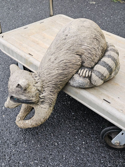 Outdoor Playful Fishing Concrete Raccoon for Pond w Great Detail Stamped