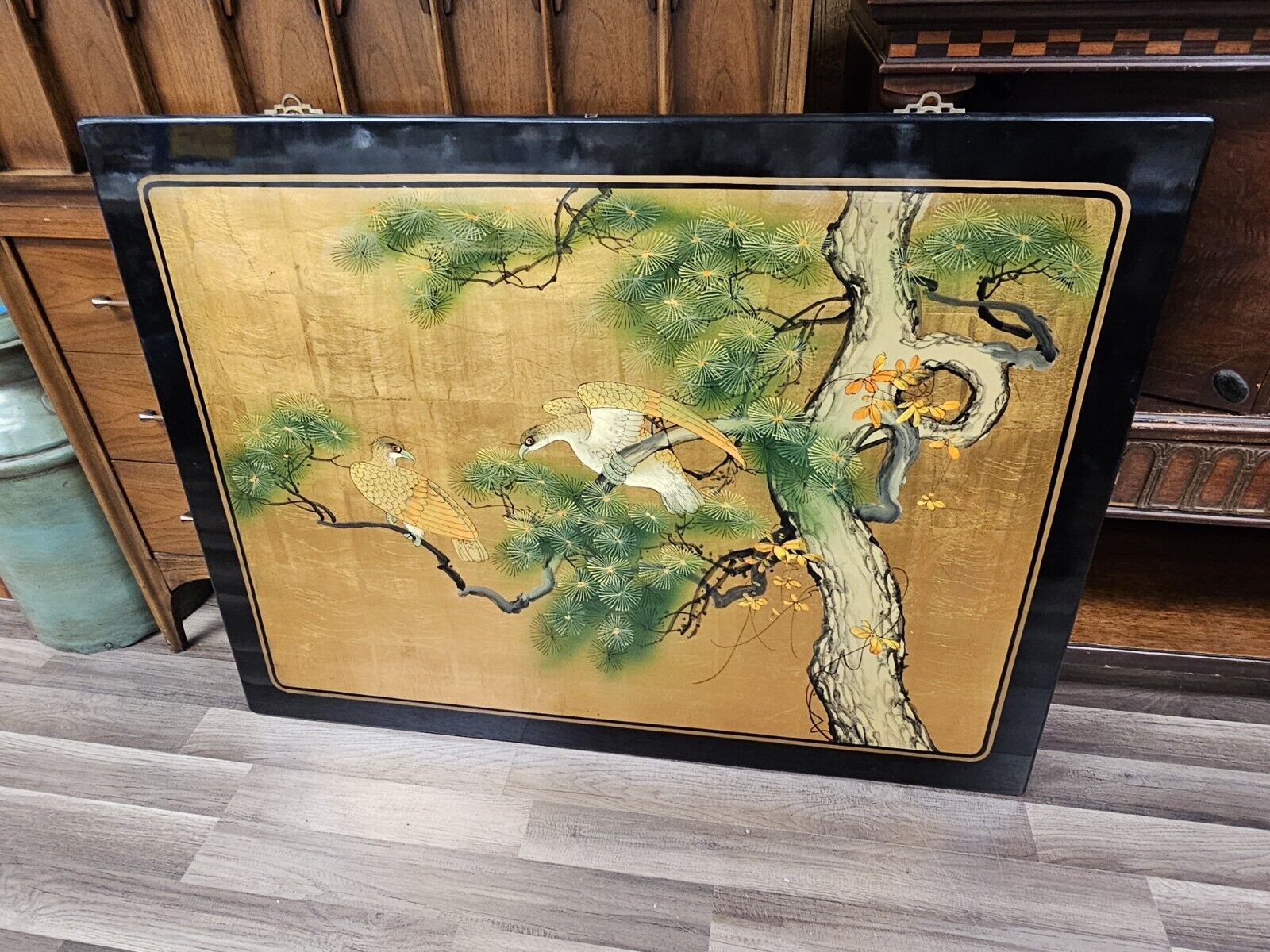 Large MCM Asian Black & Gold Lacquer Wall Panel Art With Falcons 36" T X 48" W