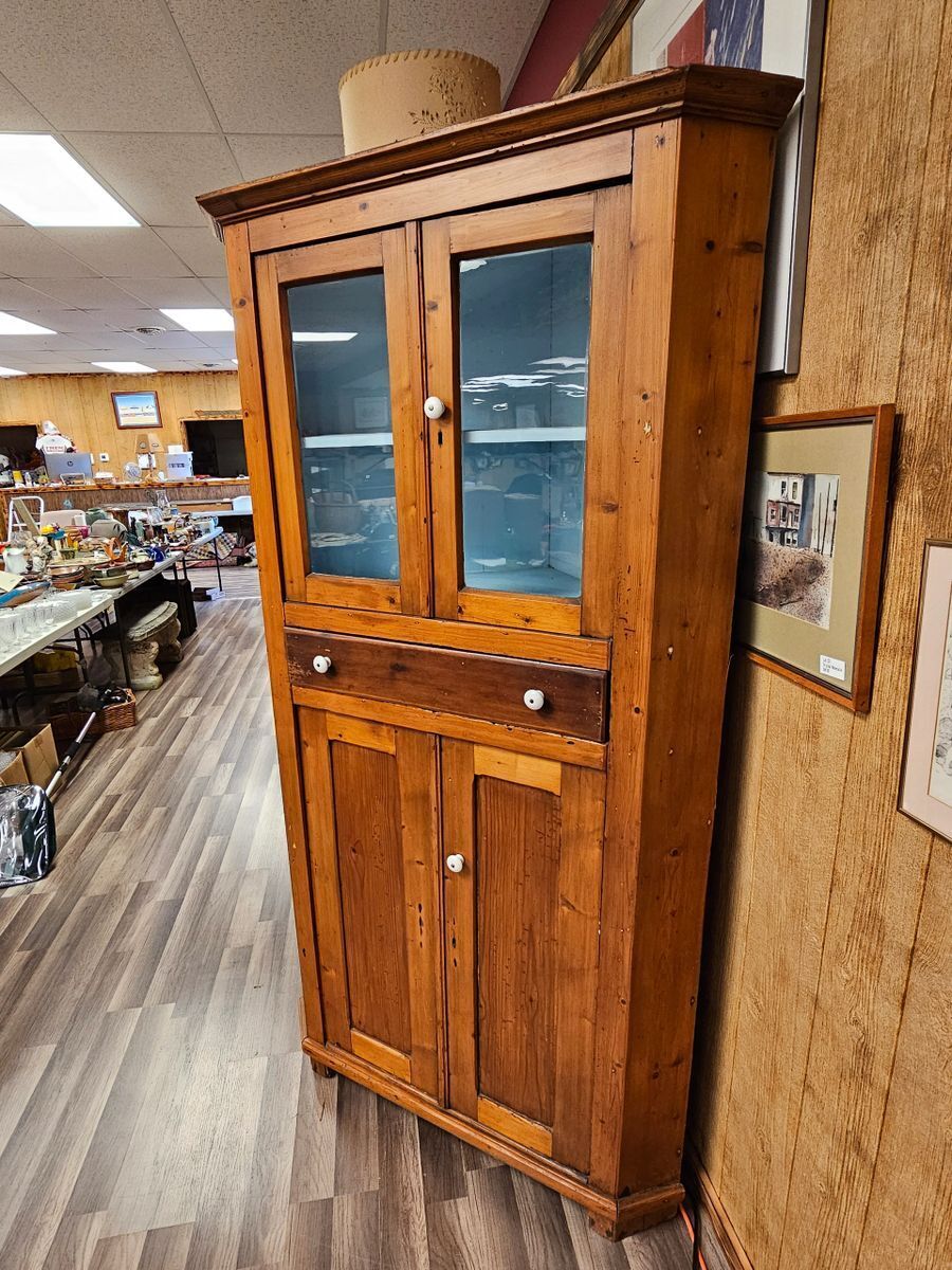 Antique Primitive Pine Corner Cabinet w Glass Panel Doors & Porcelain Pulls