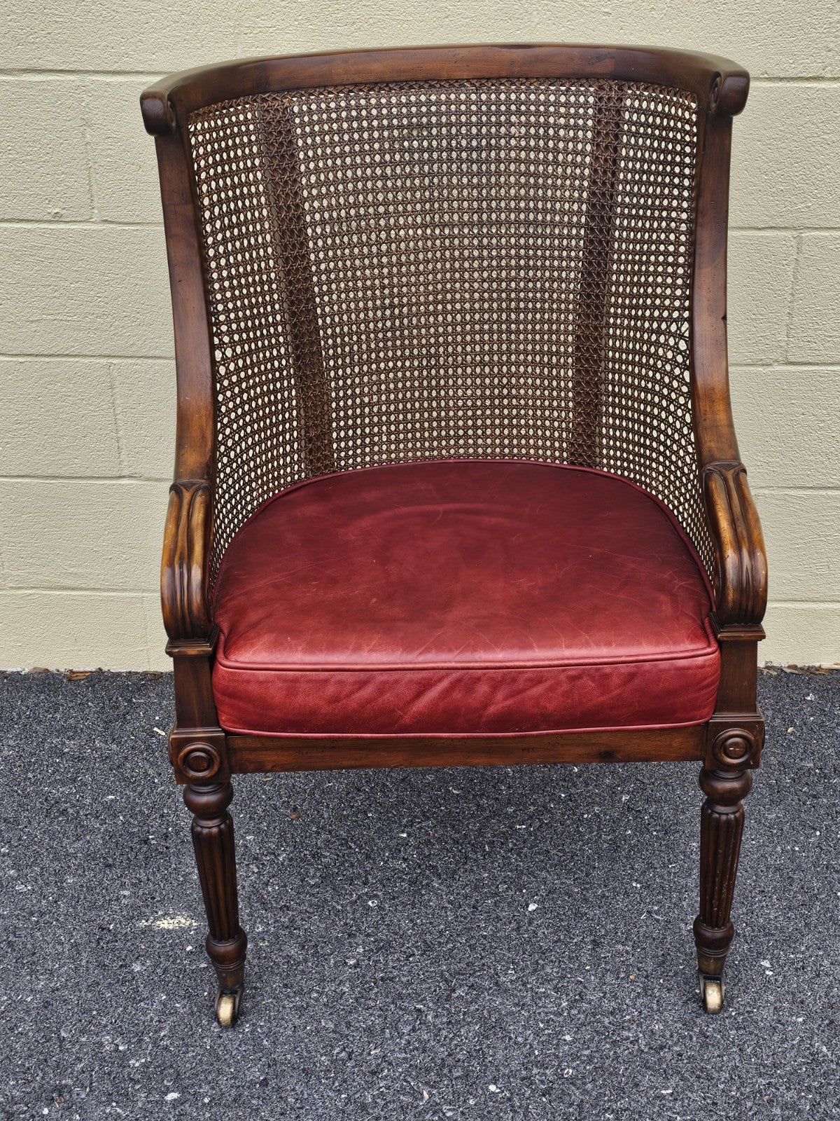 Vtg Regency Style Bergere Cane & Leather Armchair W Original Brass Casters 
