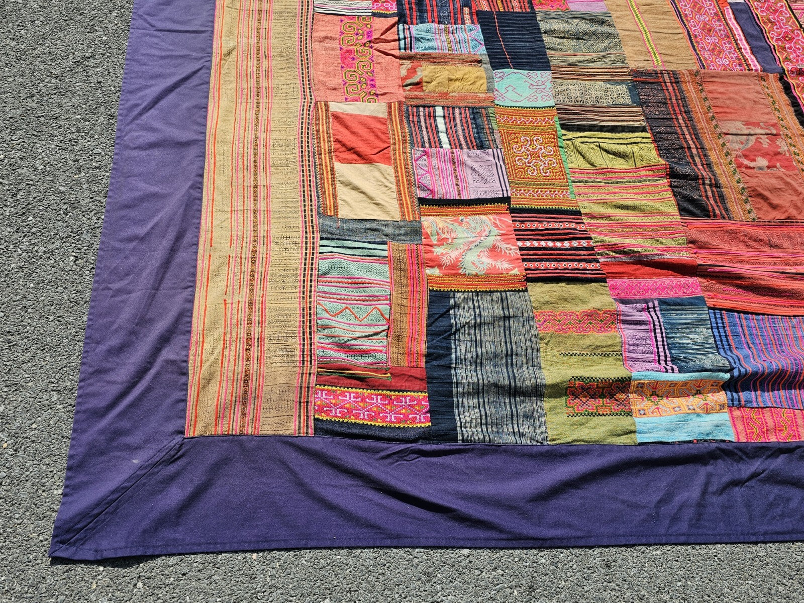 Vtg Tribal Indian Patchwork Quilt & Pillow Set Hand Stitched 99in X 96in 