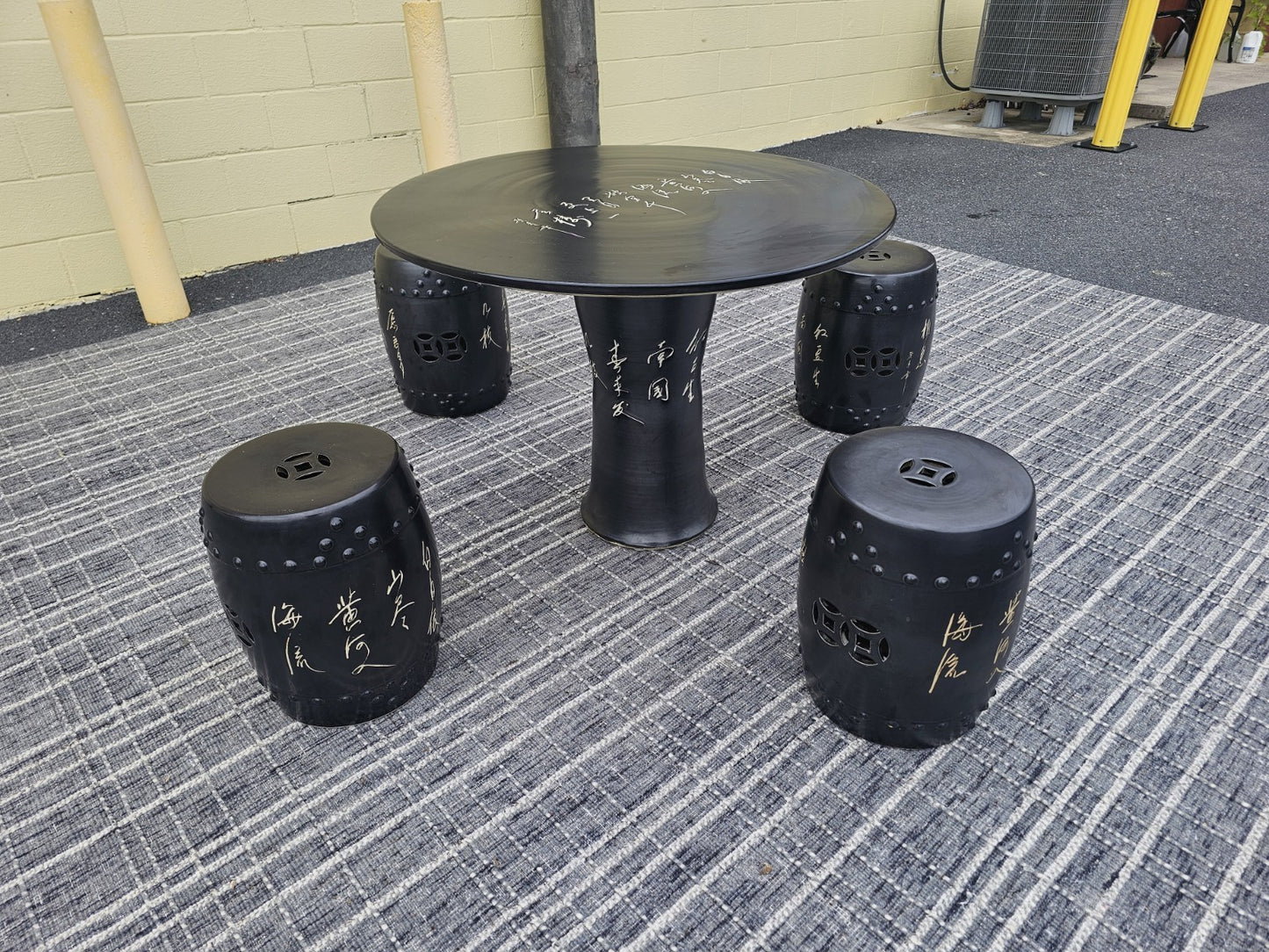 Black Chinese Calligraphy Porcelain Ceramic Round Table & 4 Garden Stool Chairs