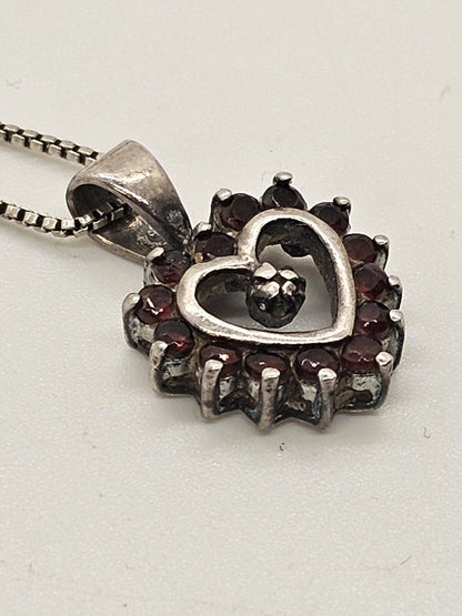 Vtg 925 Sterling Silver Necklace W Garnet Heart Pendant On 19 Inch Box Chain