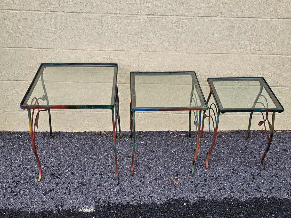 Mid Century Iron Metal Outdoor Nesting Tables w Colorful Leaf Design