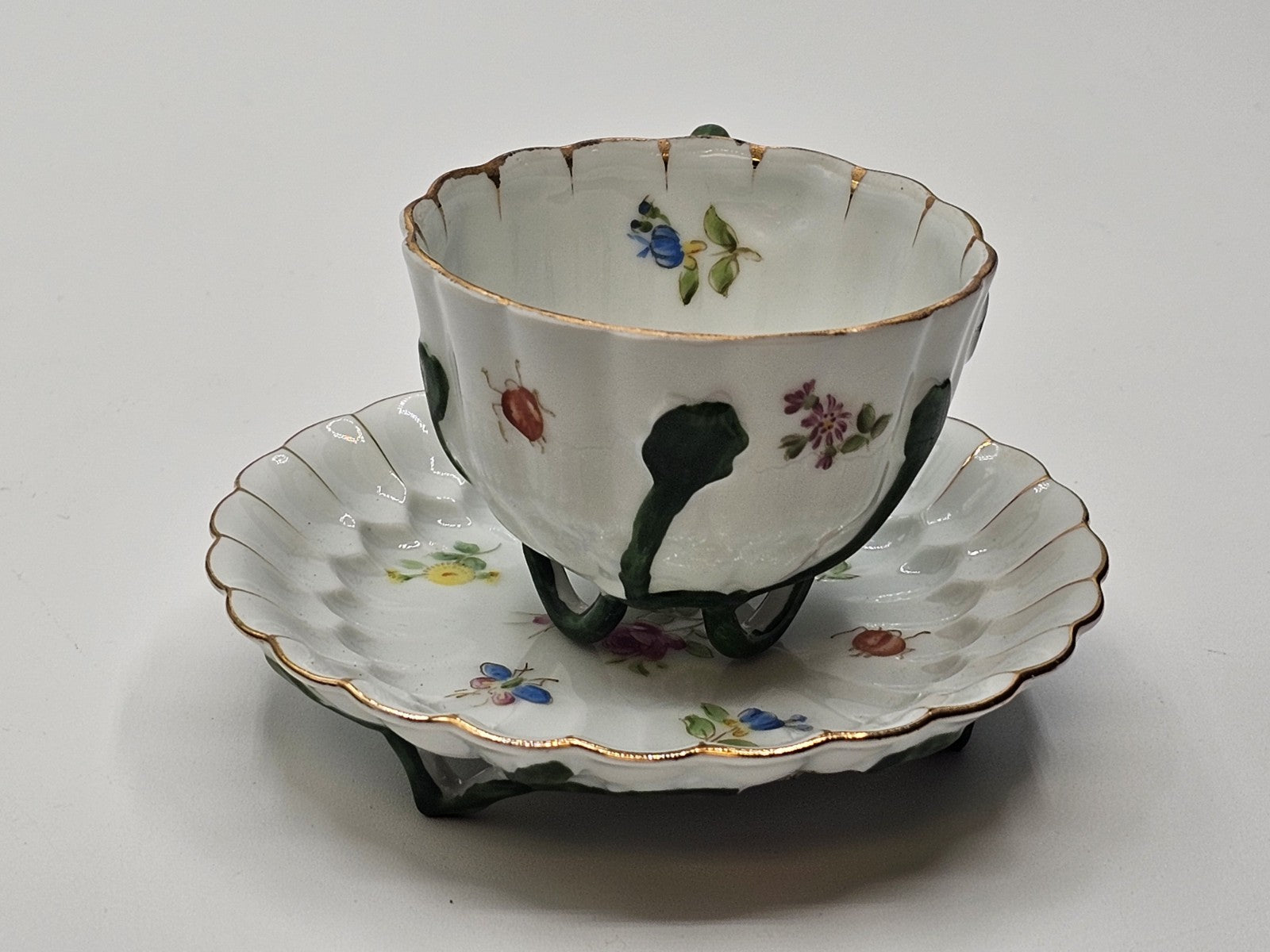 Lefton Porcelain Tea Cup & Saucer Hand Painted Footed Scalloped Edges 