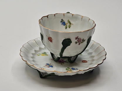Lefton Porcelain Tea Cup & Saucer Hand Painted Footed Scalloped Edges 