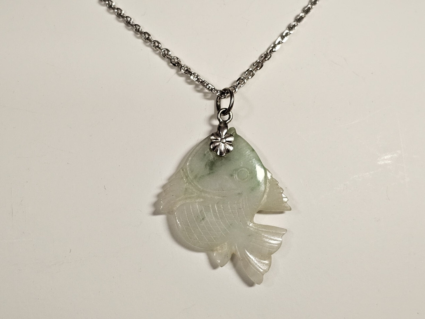 Hand Carved Jade Fish Pendant 1.25" Long On Silver Necklace 17.75" Long