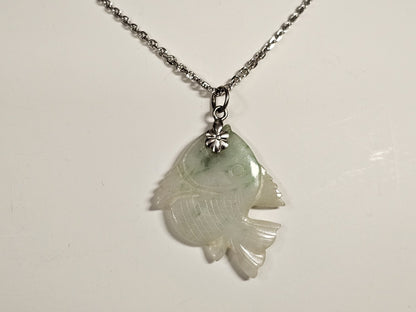 Hand Carved Jade Fish Pendant 1.25" Long On Silver Necklace 17.75" Long