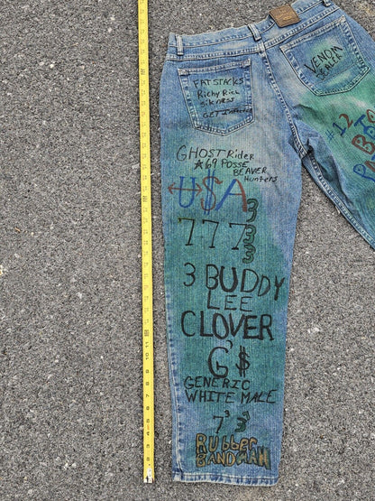 Vtg Lee Dungarees Denim Jeans High School Handwriting Painted Throwback 33x 30