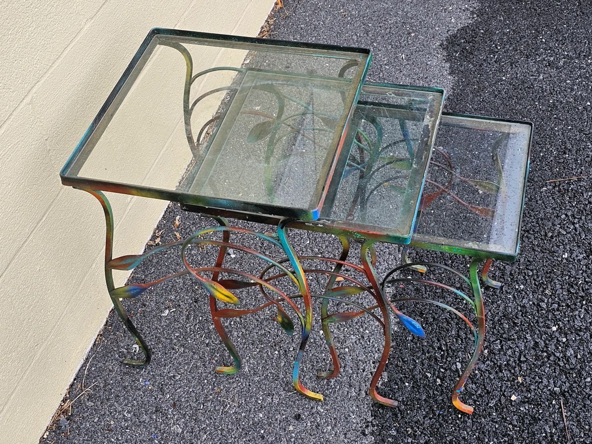 Mid Century Iron Metal Outdoor Nesting Tables w Colorful Leaf Design