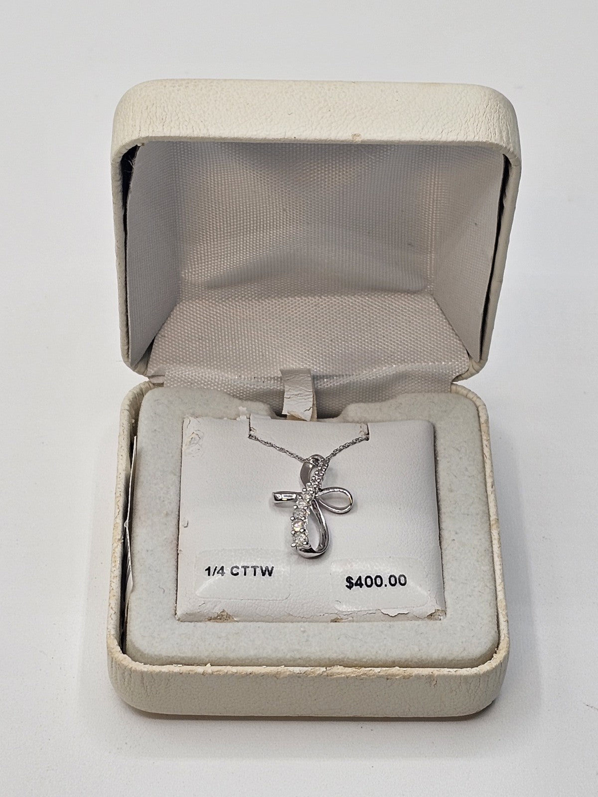 10k White Gold Cross Pendant & 10k White Gold Necklace W 8 Clear Stones 18 In
